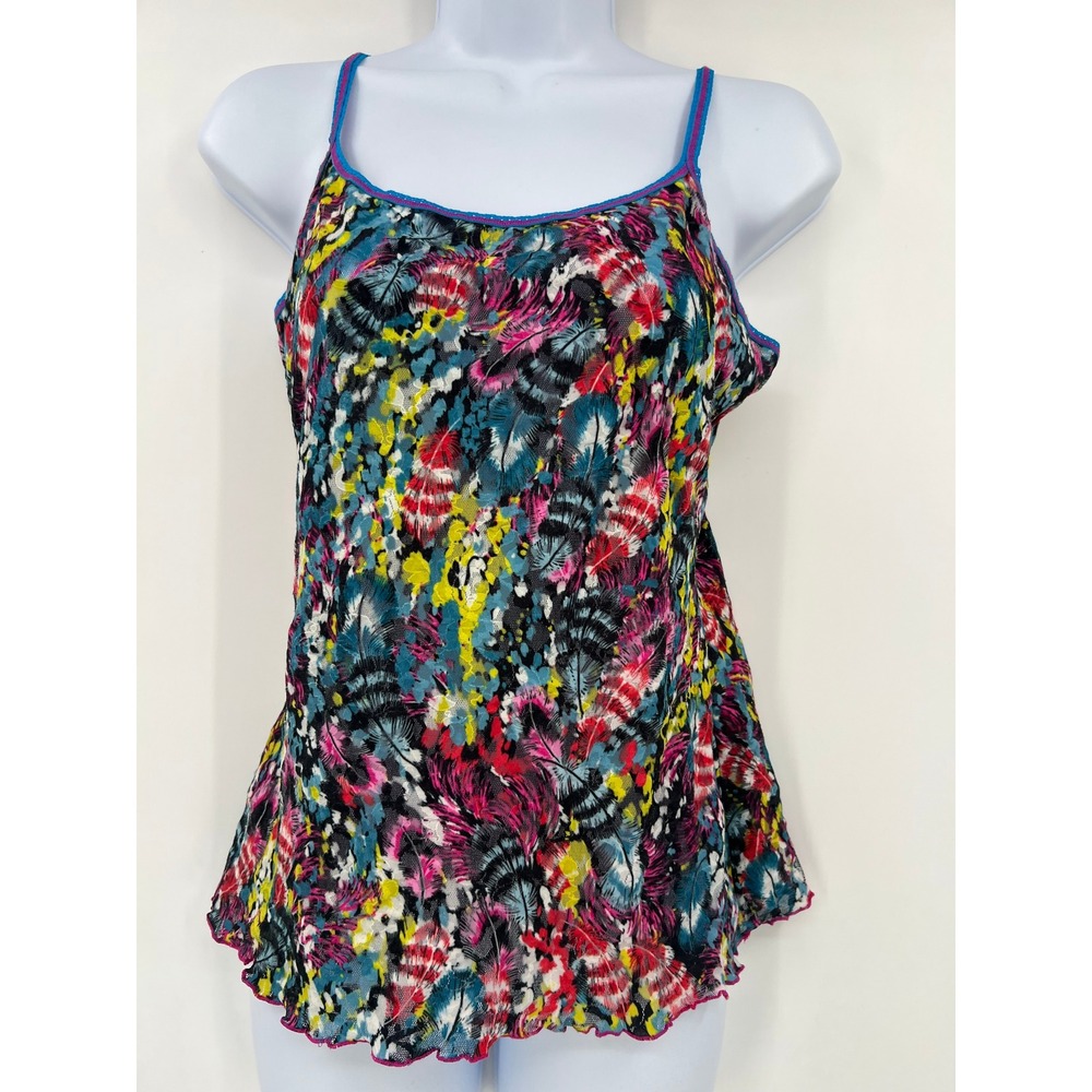 Hanky Panky Size M Multicolor Feather Print Stretch Lace Mesh Cami Top Y2K Sheer